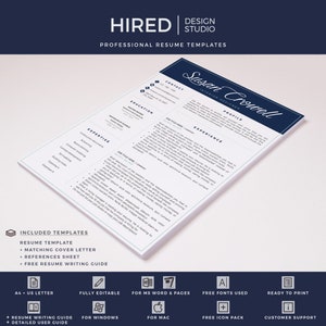 May include: A blue and white resume template with the text "HIRED | DESIGN STUDIO" at the top. The template includes sections for contact information, education, experience, expertise, and profile. The template is fully editable and can be used for MS Word and Pages. It also includes free fonts, a free icon pack, and customer support.