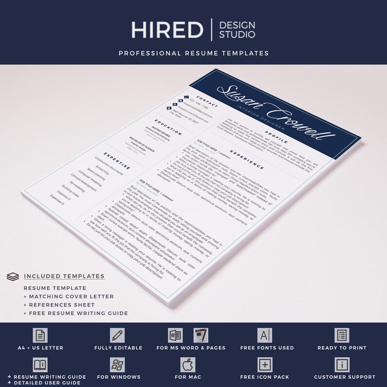 May include: A blue and white resume template with the text "HIRED | DESIGN STUDIO" at the top. The template includes sections for contact information, education, experience, expertise, and profile. The template is fully editable and can be used for MS Word and Pages. It also includes free fonts, a free icon pack, and customer support.