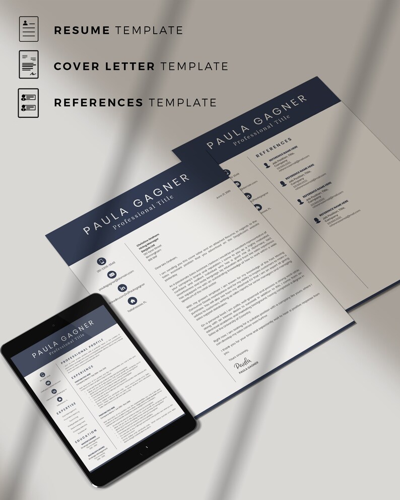 Peut inclure: Un ensemble de trois mod&egrave;les de CV en bleu fonc&eacute; et blanc. Les mod&egrave;les comprennent un CV, une lettre de motivation et une page de r&eacute;f&eacute;rences. Les mod&egrave;les sont con&ccedil;us pour &ecirc;tre professionnels et faciles &agrave; lire.