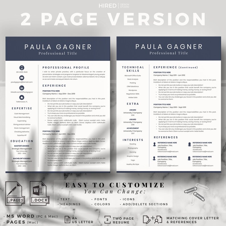 Peut inclure: Un mod&egrave;le de CV sur deux pages dans un sch&eacute;ma de couleurs bleu fonc&eacute; et gris. Le mod&egrave;le comprend des sections pour le profil professionnel, l'exp&eacute;rience, l'expertise, l'&eacute;ducation, les comp&eacute;tences techniques, les &eacute;l&eacute;ments suppl&eacute;mentaires, les int&eacute;r&ecirc;ts et les r&eacute;f&eacute;rences. Le mod&egrave;le est facile &agrave; personnaliser avec du texte, des titres, des polices, des couleurs et des ic&ocirc;nes. Le mod&egrave;le est disponible aux formats MS Word et Pages.