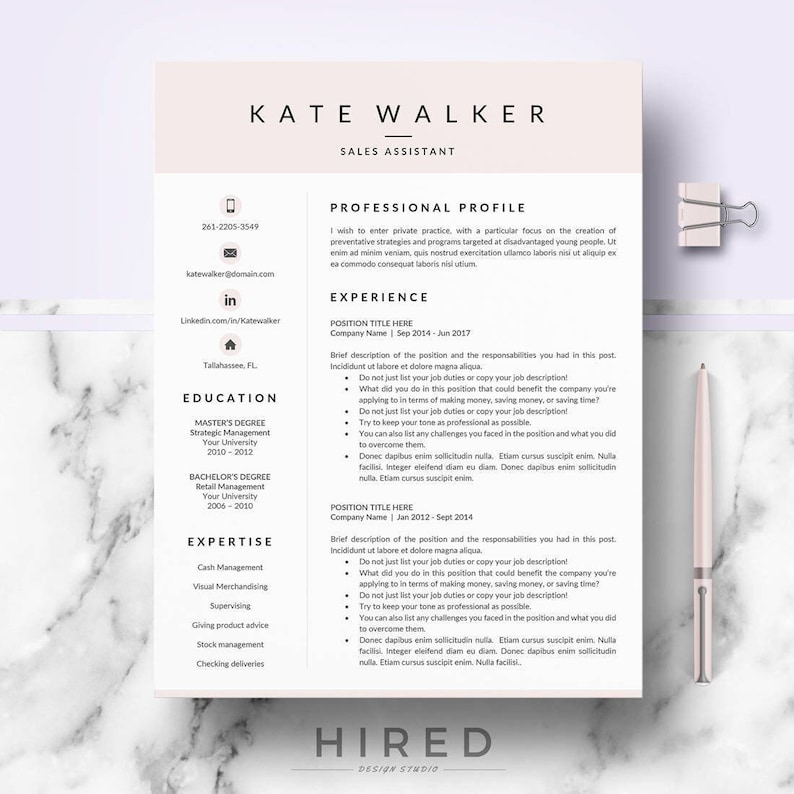 Sales Assistant Resume. Professional & Creative Resume, CV template for Ms Word and Mac Pages.
Instant Download Resume + Matching Cover Letter for application + References template + resume writing guide with Action verbs + free icons + embedded tips