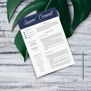 May include: A resume for Susan Crowell, an interior designer. The resume includes contact information, education, experience, and expertise. The resume is designed with a blue and white color scheme.