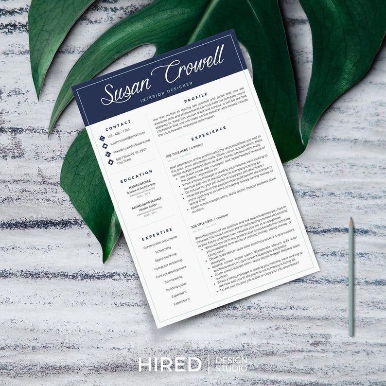 May include: A resume for Susan Crowell, an interior designer. The resume includes contact information, education, experience, and expertise. The resume is designed with a blue and white color scheme.
