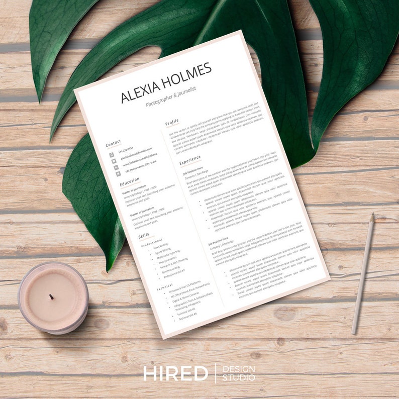 May include: A beige resume template with the name Alexia Holmes, Photographer & Journalist, at the top. The resume includes sections for contact information, education, experience, skills, and profile. The resume is designed with a minimalist aesthetic and features a subtle beige background.