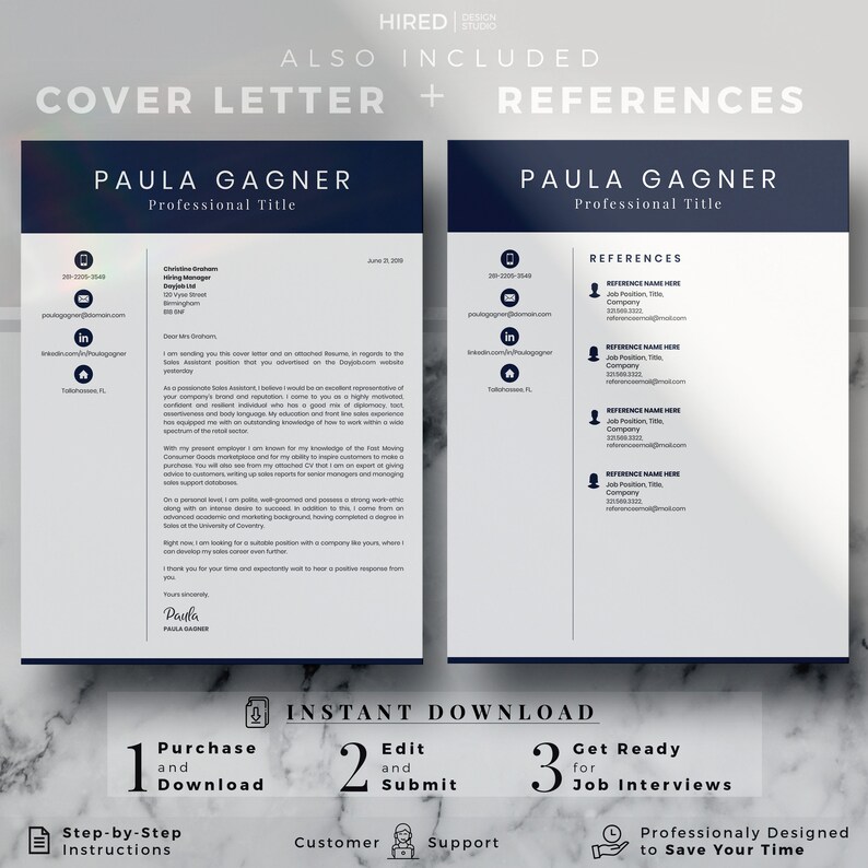 Peut inclure: Un mod&egrave;le de CV noir et blanc avec un en-t&ecirc;te et un pied de page bleus. L'en-t&ecirc;te comprend le texte "HIRED" et "DESIGN STUDIO". Le mod&egrave;le de CV est pour Paula Gagnier et comprend une lettre de motivation et des r&eacute;f&eacute;rences. Le mod&egrave;le de CV est con&ccedil;u de mani&egrave;re professionnelle pour gagner du temps.