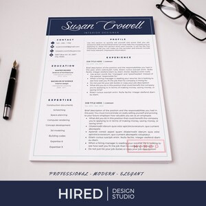 May include: A blue and white resume template with the text "Susan Crowell" in a decorative font. The resume includes contact information, education, experience, and expertise. The text "Professional - Modern - Elegant" is at the bottom of the page.