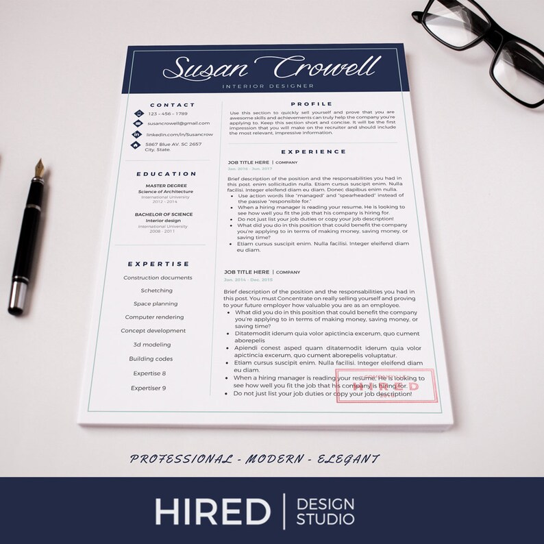 May include: A blue and white resume template with the text "Susan Crowell" in a decorative font. The resume includes contact information, education, experience, and expertise. The text "Professional - Modern - Elegant" is at the bottom of the page.
