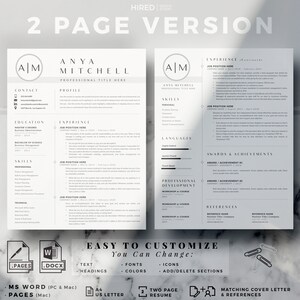 May include: A two-page resume template with a modern design. The template features a black and white color scheme with a minimalist aesthetic. The resume includes sections for contact information, education, experience, skills, awards, and references. The template is easy to customize with text, headings, fonts, colors, icons, and sections.
