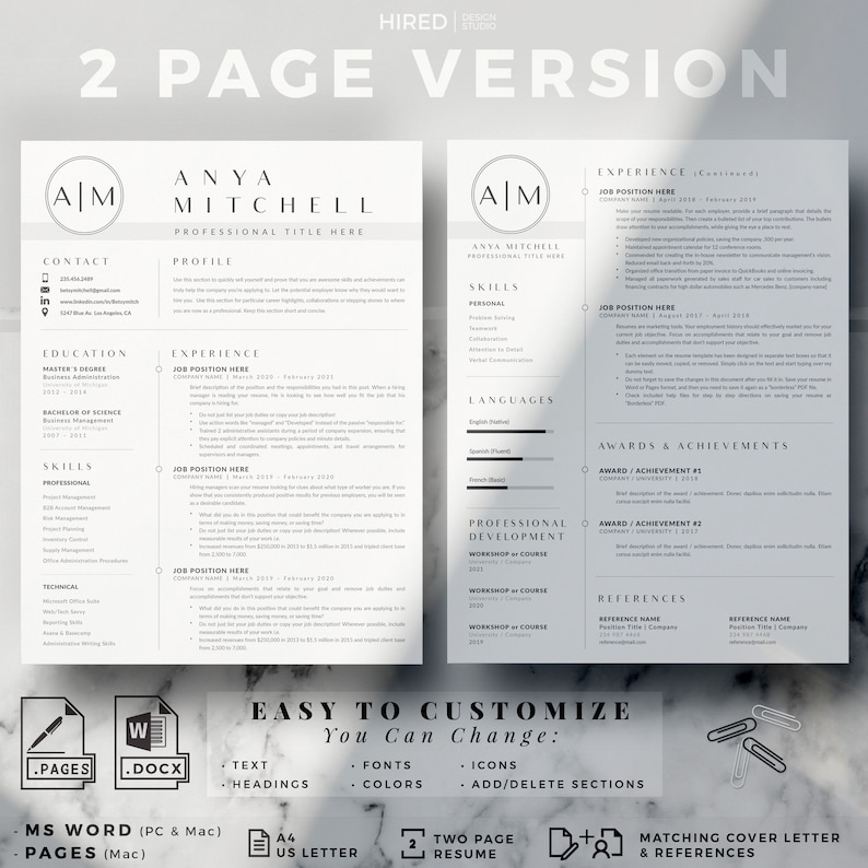 May include: A two-page resume template with a modern design. The template features a black and white color scheme with a minimalist aesthetic. The resume includes sections for contact information, education, experience, skills, awards, and references. The template is easy to customize with text, headings, fonts, colors, icons, and sections.