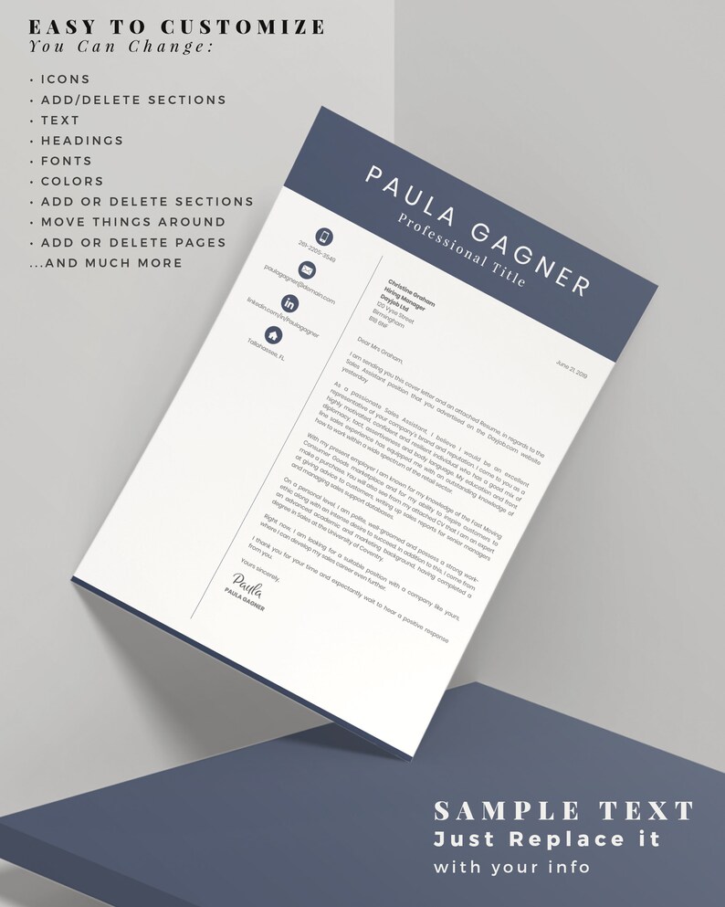 Peut inclure: Un mod&egrave;le de CV avec un en-t&ecirc;te bleu qui dit "PAULA GAGNER Titre professionnel". Le texte du CV est un exemple de lettre de motivation avec le texte "TEXTE D'EXEMPLE Remplacez-le par vos informations".