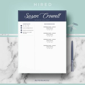 May include: A blue and white resume template with the name "Susan Crowell" and the title "Interior Designer". The resume includes contact information, references, and a section for additional references.