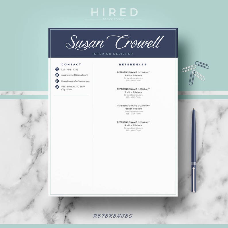May include: A blue and white resume template with the name "Susan Crowell" and the title "Interior Designer". The resume includes contact information, references, and a section for additional references.