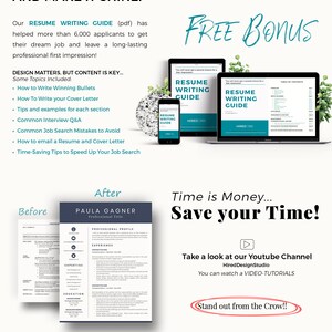 Peut inclure: Une image avant-apr&egrave;s montrant comment relooker votre CV. L'image avant montre un CV avec une mise en page basique. L'image apr&egrave;s montre un CV avec une mise en page plus moderne et professionnelle. Le texte "Time is Money... Save your Time!" est affich&eacute; en gros caract&egrave;res gras. Le texte "Take a look at our Youtube Channel HiredDesignStudio You can watch a VIDEO-TUTORIALS" est affich&eacute; sous le texte "Save your Time!" Le texte "Stand out from the Crow!!" est affich&eacute; dans un cercle rouge.