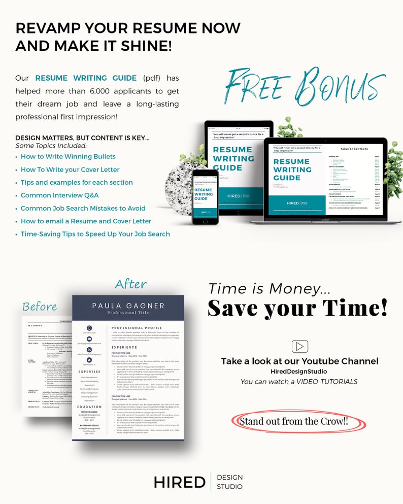 Peut inclure: Une image avant-apr&egrave;s montrant comment relooker votre CV. L'image avant montre un CV avec une mise en page basique. L'image apr&egrave;s montre un CV avec une mise en page plus moderne et professionnelle. Le texte "Time is Money... Save your Time!" est affich&eacute; en gros caract&egrave;res gras. Le texte "Take a look at our Youtube Channel HiredDesignStudio You can watch a VIDEO-TUTORIALS" est affich&eacute; sous le texte "Save your Time!" Le texte "Stand out from the Crow!!" est affich&eacute; dans un cercle rouge.