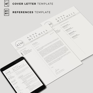 May include: A black and white resume template with the name Anya Mitchell and the text "Professional Title Here". The template includes sections for contact information, experience, education, and skills. The template also includes a cover letter and references template.