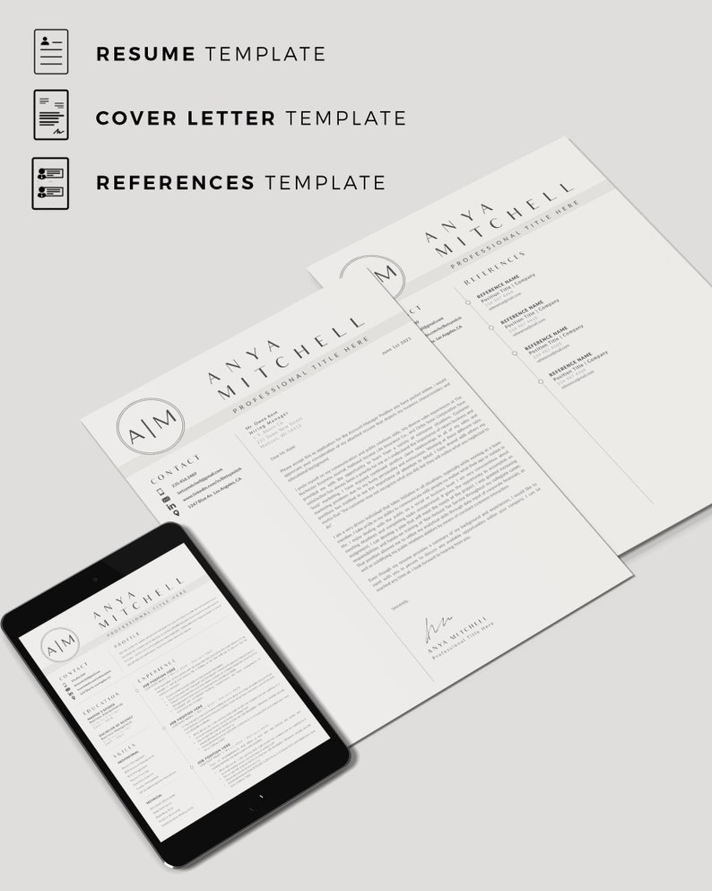 May include: A black and white resume template with the name Anya Mitchell and the text "Professional Title Here". The template includes sections for contact information, experience, education, and skills. The template also includes a cover letter and references template.