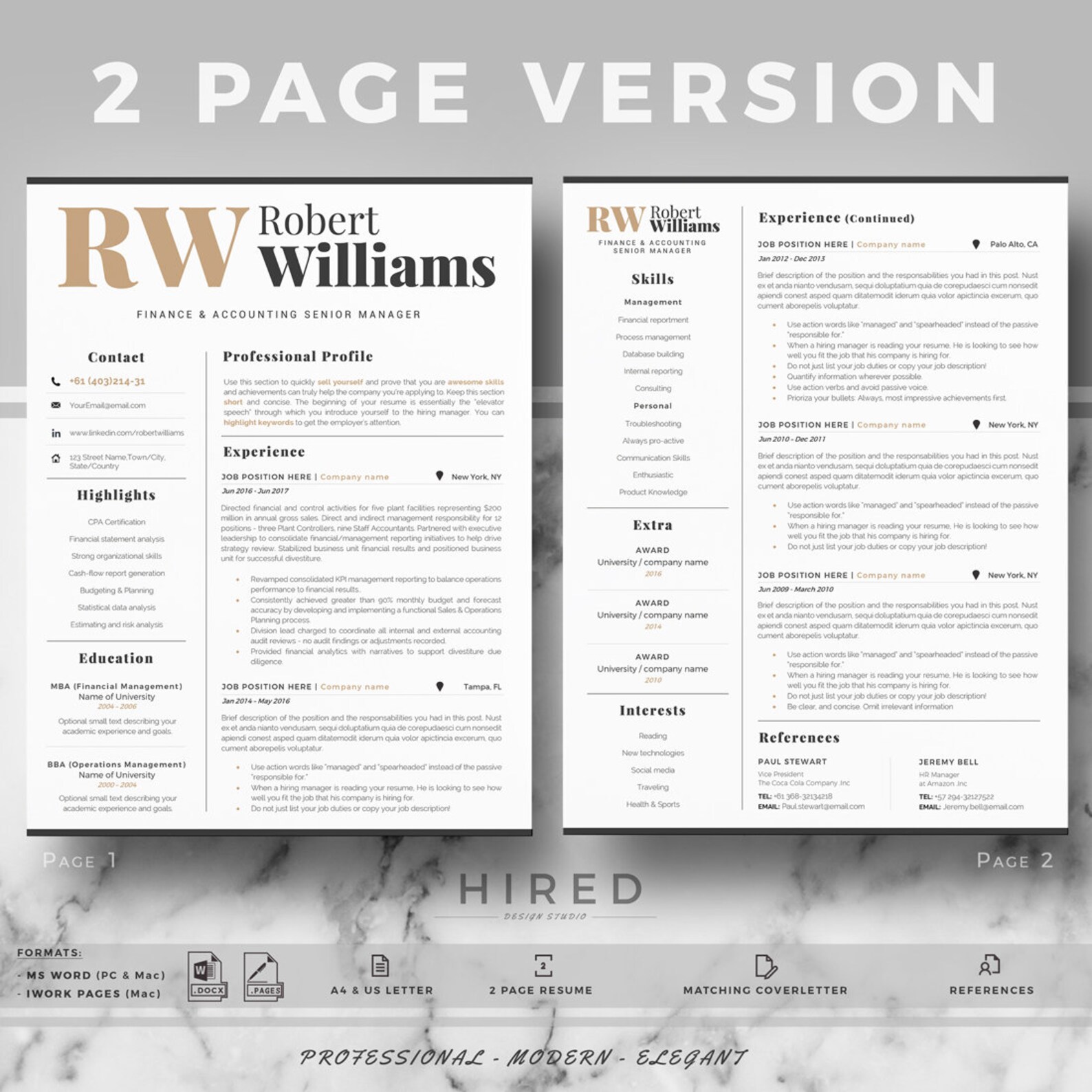 Modern & Professional Resume Template for Word or Mac Pages, Modern CV ...