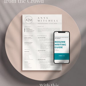 May include: A resume template with the text "Stand out from the crowd" and "...With this Professional Resume" on a pink background. The resume template is for Anya Mitchell and includes contact information, education, experience, and skills.