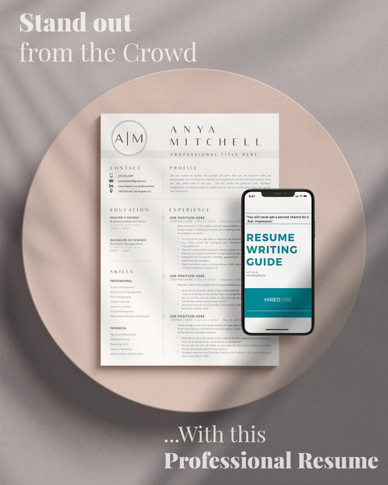 May include: A resume template with the text "Stand out from the crowd" and "...With this Professional Resume" on a pink background. The resume template is for Anya Mitchell and includes contact information, education, experience, and skills.