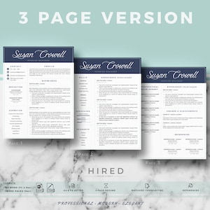 May include: A three-page resume template in a modern, professional style. The template features a blue and white color scheme with a clean and minimalist design. The resume includes sections for contact information, education, experience, skills, languages, interests, professional development, awards and achievements, and references. The template is designed to be easily customized and can be used to create a professional and impressive resume.