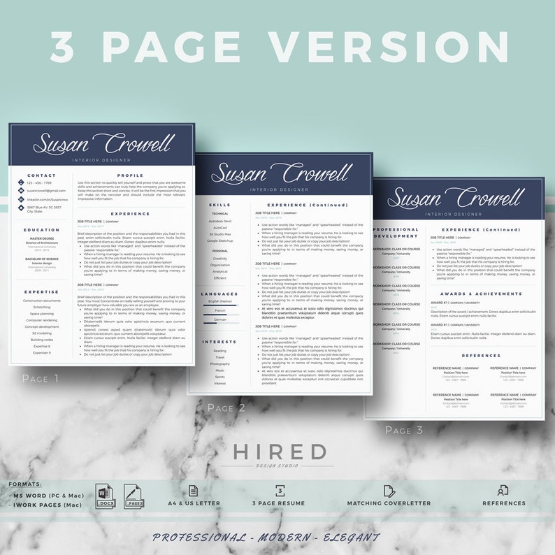May include: A three-page resume template in a modern, professional style. The template features a blue and white color scheme with a clean and minimalist design. The resume includes sections for contact information, education, experience, skills, languages, interests, professional development, awards and achievements, and references. The template is designed to be easily customized and can be used to create a professional and impressive resume.
