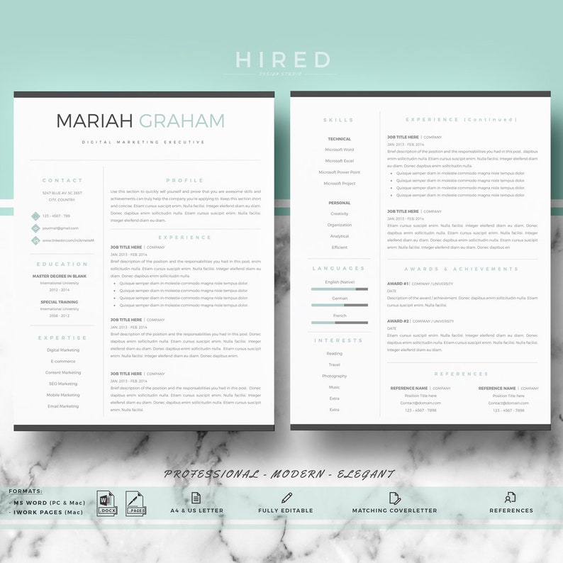Professional Resume Template for Word & Pages, Modern Resume CV ...