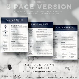 Peut inclure: Un mod&egrave;le de CV sur trois pages avec un sch&eacute;ma de couleurs bleu fonc&eacute; et blanc. Le mod&egrave;le comprend des sections pour le profil professionnel, l'exp&eacute;rience, les comp&eacute;tences techniques, les langues, les &eacute;l&eacute;ments suppl&eacute;mentaires, le d&eacute;veloppement professionnel, les int&eacute;r&ecirc;ts et les r&eacute;f&eacute;rences. Le texte "3 Page Version" est en haut de la page.