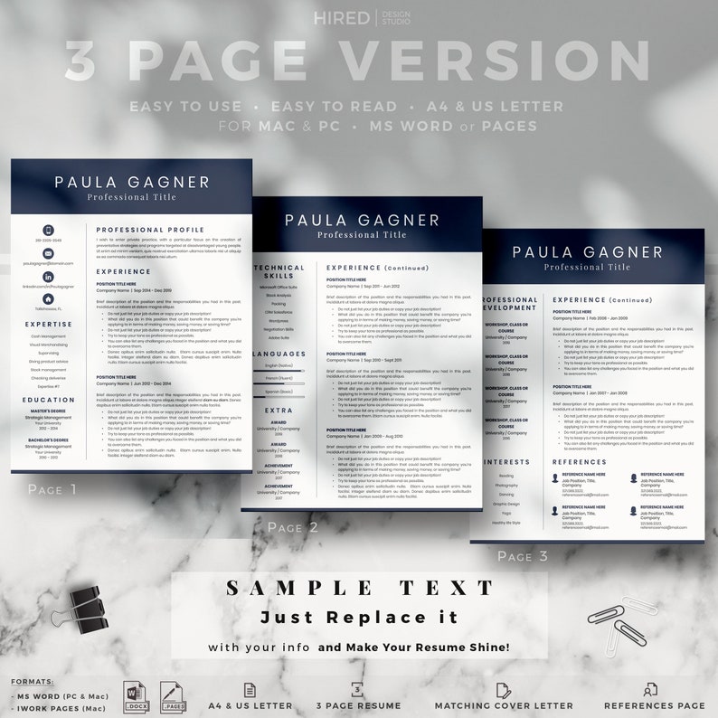 Peut inclure: Un mod&egrave;le de CV sur trois pages avec un sch&eacute;ma de couleurs bleu fonc&eacute; et blanc. Le mod&egrave;le comprend des sections pour le profil professionnel, l'exp&eacute;rience, les comp&eacute;tences techniques, les langues, les &eacute;l&eacute;ments suppl&eacute;mentaires, le d&eacute;veloppement professionnel, les int&eacute;r&ecirc;ts et les r&eacute;f&eacute;rences. Le texte "3 Page Version" est en haut de la page.