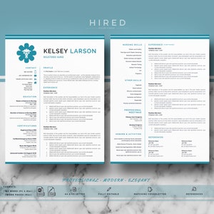 Puede incluir: Una plantilla de curr&iacute;culum vitae en color azul verdoso y blanco con el t&iacute;tulo "HIRED" y el nombre "Kelsey Larson, Enfermera Registrada". El curr&iacute;culum incluye secciones para informaci&oacute;n de contacto, perfil, experiencia, educaci&oacute;n, certificaciones, honores y actividades, y referencias.