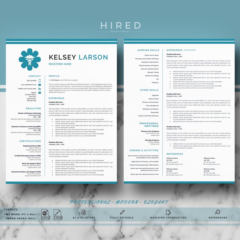 Puede incluir: Una plantilla de curr&iacute;culum vitae en color azul verdoso y blanco con el t&iacute;tulo "HIRED" y el nombre "Kelsey Larson, Enfermera Registrada". El curr&iacute;culum incluye secciones para informaci&oacute;n de contacto, perfil, experiencia, educaci&oacute;n, certificaciones, honores y actividades, y referencias.