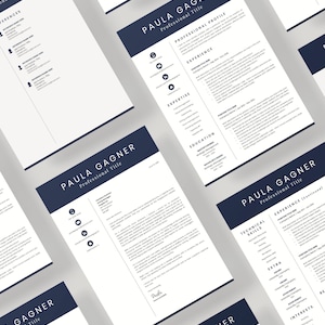 May include: A blue and white CV template with the name Paula Gagnier and the title "Professional Title". The CV includes sections for professional profile, experience, expertise, education, technical skills, extra, awards, and interests.