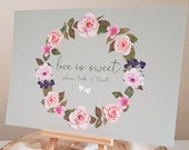 A5 Wedding Sign - love is sweet please take a treat sign- Pretty sage green and floral garland print