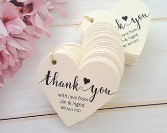 10 Personalised Wedding Favour Tags, Thank You - Heart Shaped Tag