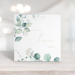 Personalised Wedding Card with Kraft or White Envelope, Watercolour Floral & Eucalyptus Greenery, Wedding Day Card For Couple