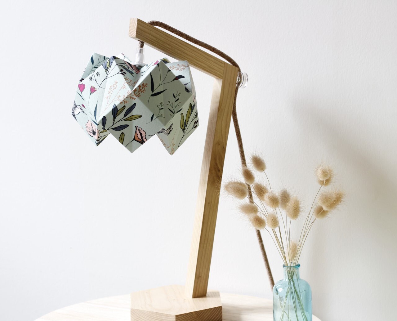 Lampe Origami, Lampe de Chevet, à Poser, Abat-Jour Câble Textile, Abat-Jour, Tissus Floral, Bois Nat