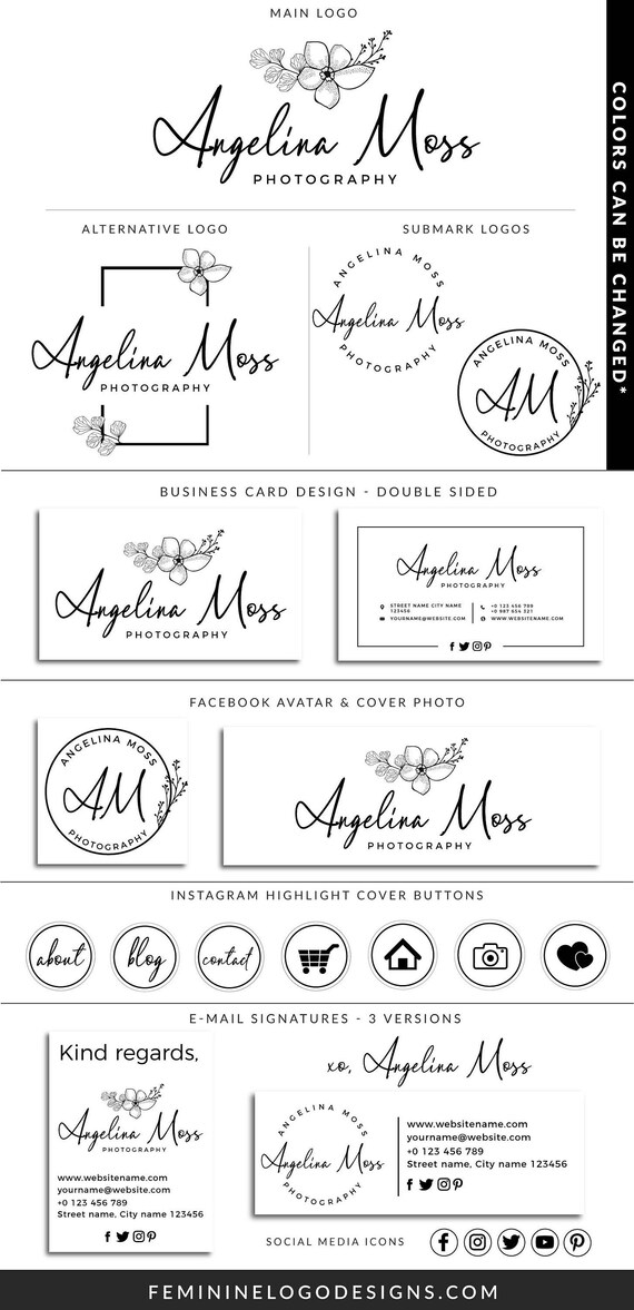 Floral Logo Design Feminine Logo Black Logo Set Modern Logo Etsy