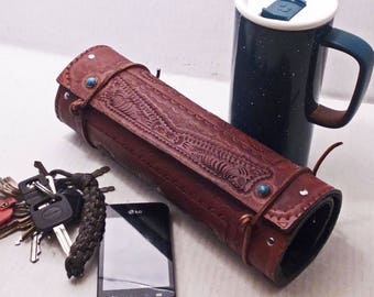Leather motorcycle roll/tool roll or leather brush roll/pencil roll for artists. Handmade leather cable/cord organizers, watch rolls for men
