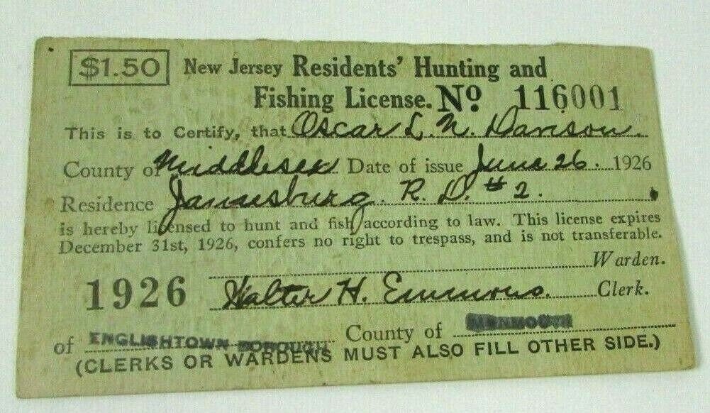 Vintage 1926 New Jersey Resident Combined Fishing & Small Game
