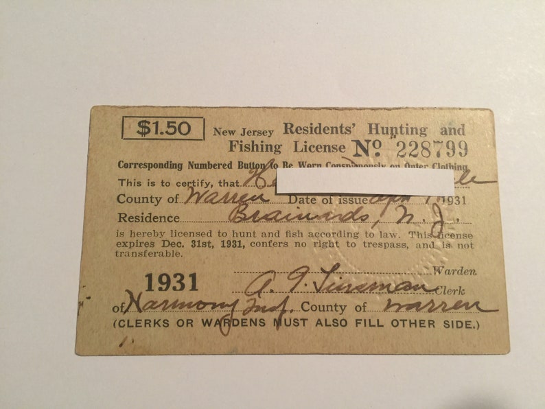 1931 Vintage New Jersey Hunting & Fishing License Etsy