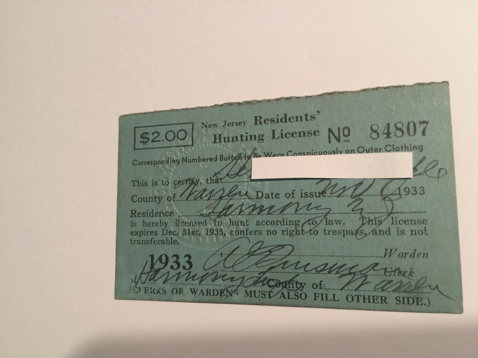 1933 Vintage New Jersey Resident Hunting & Fishing License Etsy