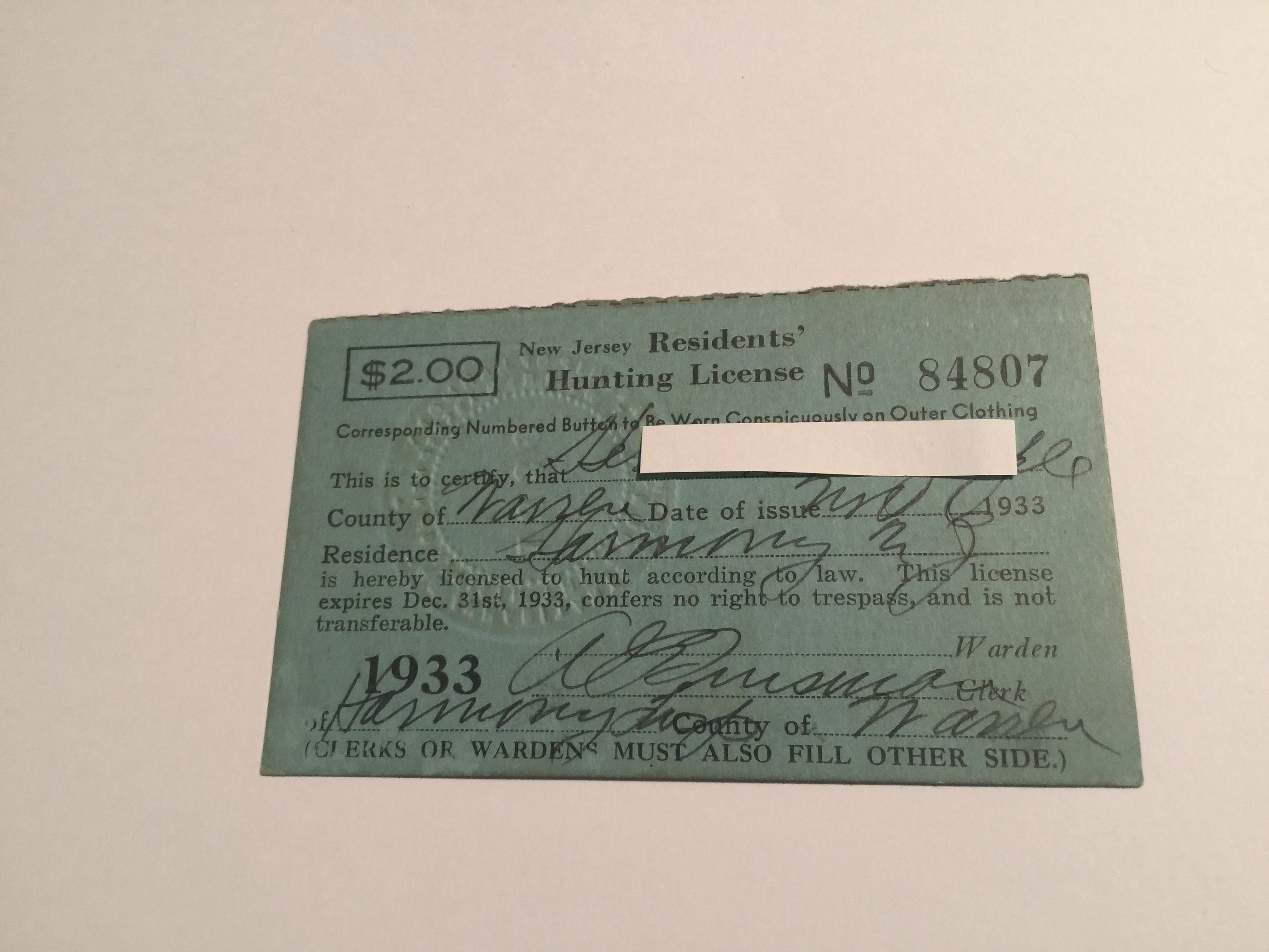 1933 Vintage New Jersey Resident Hunting & Fishing License Etsy