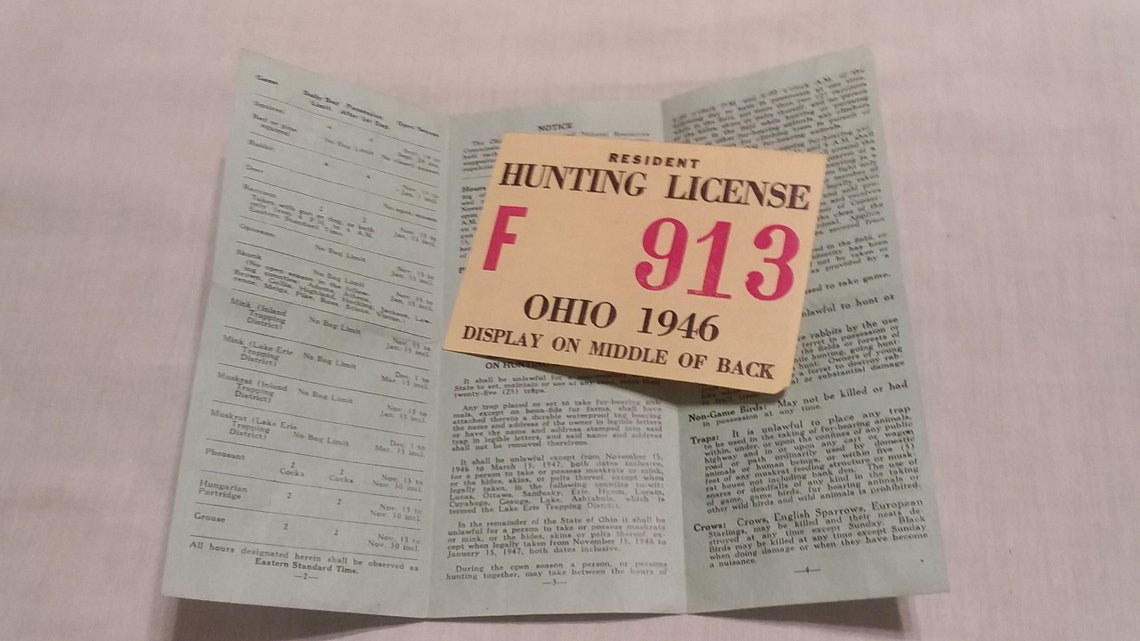 Vintage 1946 Ohio Resident Hunting License and Matching Etsy