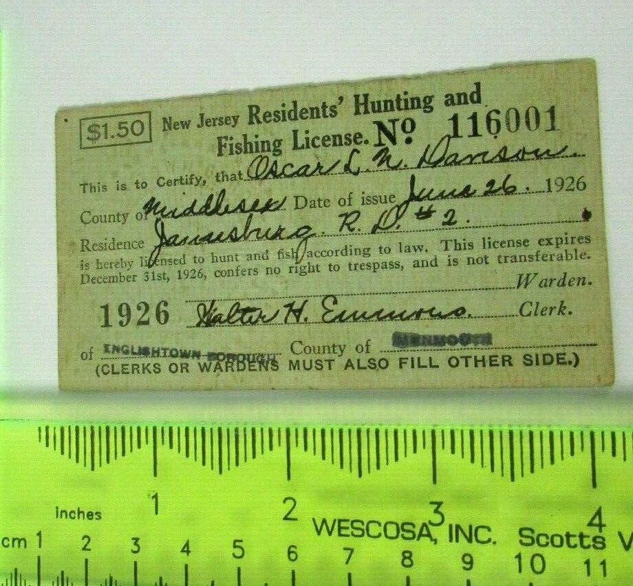 Vintage 1926 New Jersey Resident Combined Fishing & Small Game Hunting 1.50  License 
