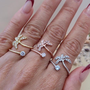 Palm Tree Sterling Silver  Adjustable Ring with Cubic Zirconias