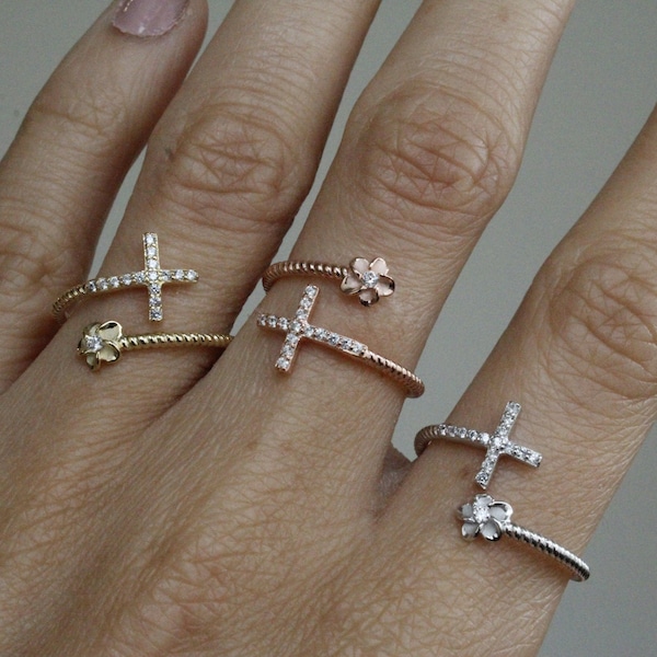 Cross with Plumeria Sterling Silver Adjustable Ring with Cubic Zirconias