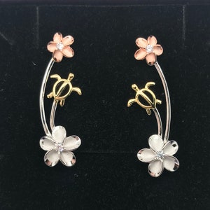Turtle/Honu and Plumeria Ear Climbers with Sterling Silver and CZ&#39;s