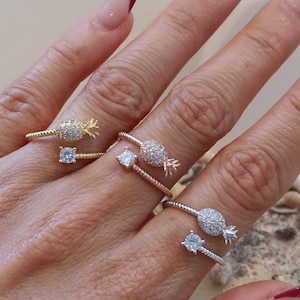 Pineapple Side Sterling Silver Adjustable rings with Cubic zirconias