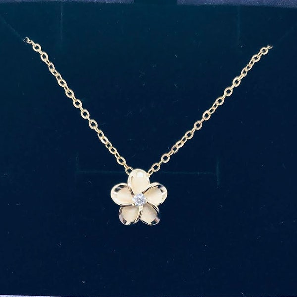 Plumeria Necklace Sterling Silver Adjustable with Cubic Zirconias