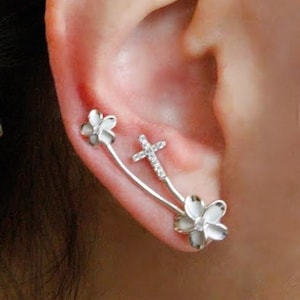 Cross Plumeria Flower Ear Climber/Ear Crawlers Sterling Silver with Cubic Zirconias