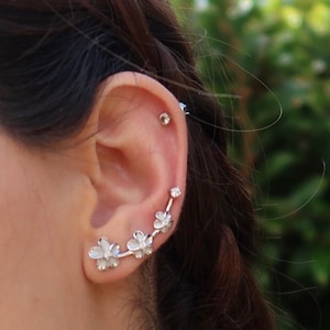 Plumeria Ear Climber/Ear Crawlers/ Ear Climber earrings Sterling Silver with Cubic Zirconia